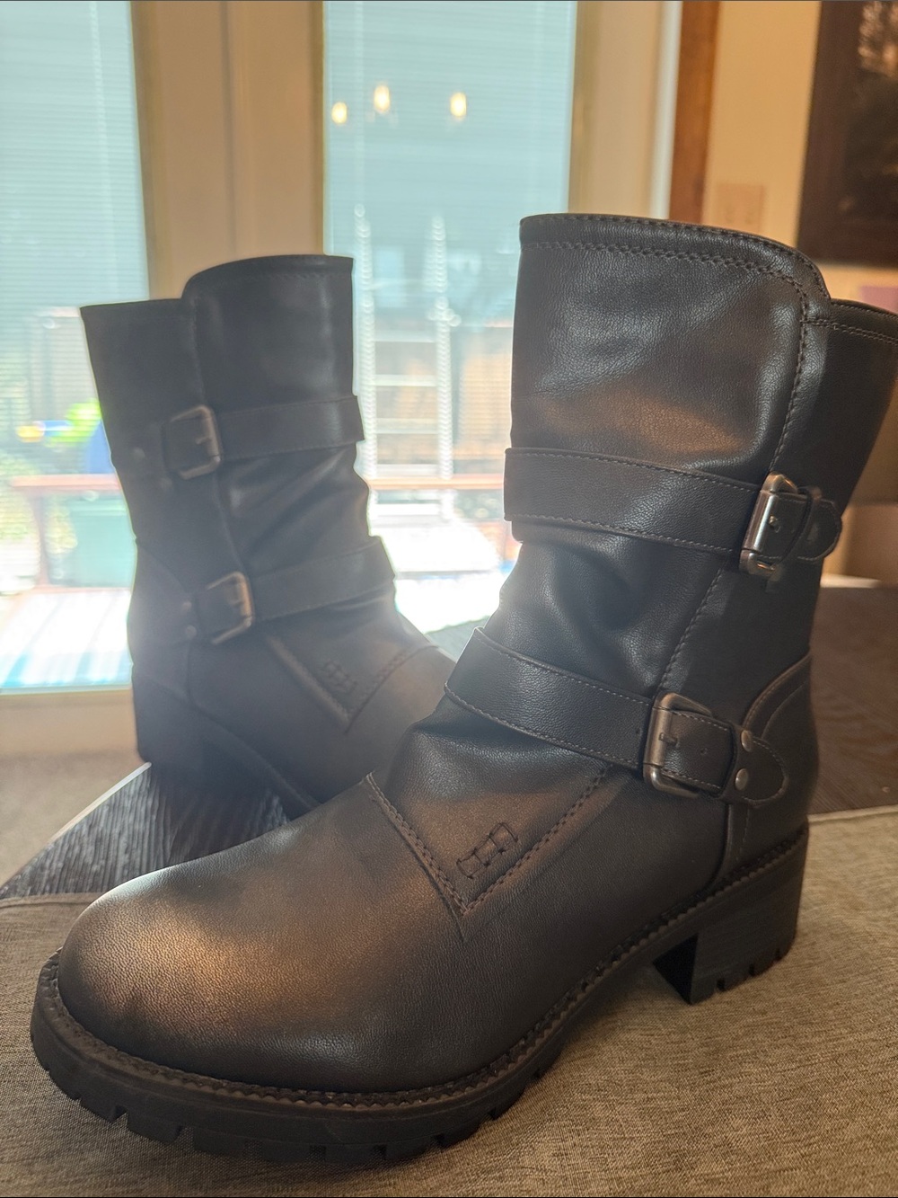 Global Win Black Buckle Strap Moto Ankle Boots